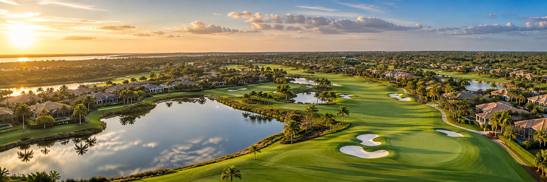 Aerial view of a Southwest Florida golf community with homes around the course