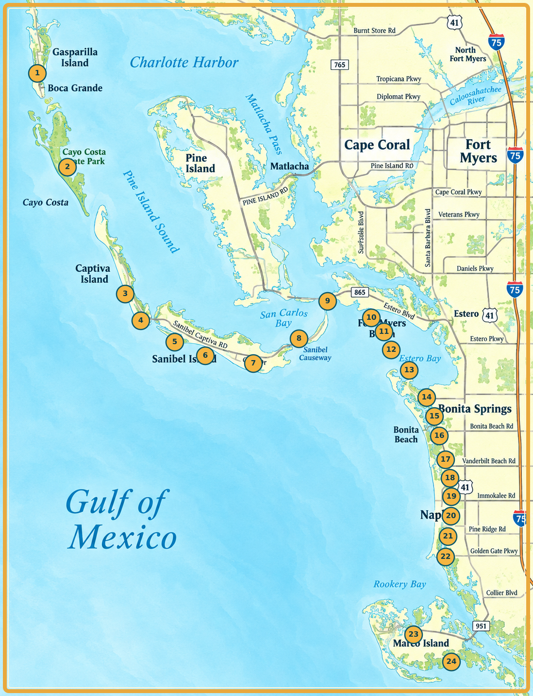Detailed brochure-style map showing 24 numbered Southwest Florida beaches from Boca Grande to Marco Island